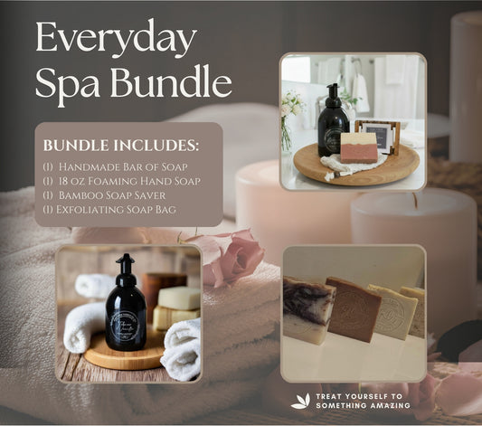 Everyday Spa Bundle | Bar Soap, Foaming Hand Soap, Bamboo Soap Saver, & Exfoliating Soap Bag