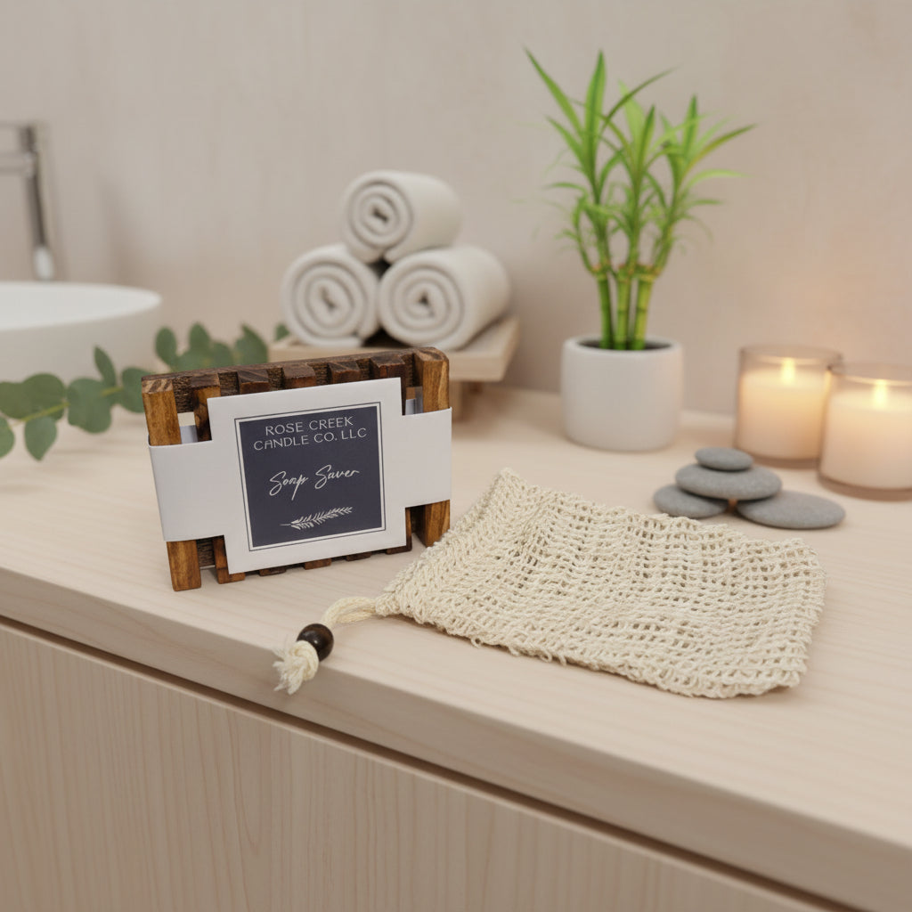 Bamboo Soap Saver Dish | Exfoliating Soap Bag with Drawstring | Bar Soap