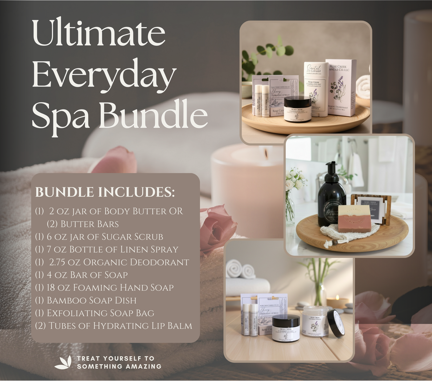 Ultimate Everyday Spa Bundle| Body Butter or Bars, Sugar Scrub, Linen Spray, Deodorant, Bar Soap, Foaming Hand Soap, Bamboo Soap Saver, Exfoliating Soap Bag, (2) Lip Balms