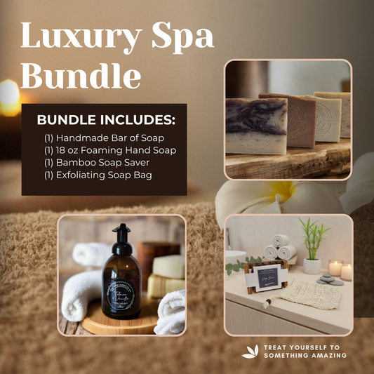 Luxury Spa Bundle | Bar Soap, Foaming Hand Soap, Bamboo Soap Saver, & Exfoliating Soap Bag